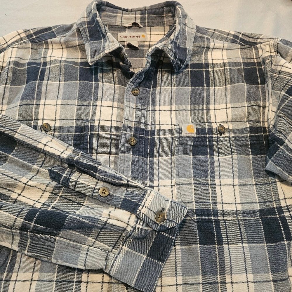 Carhartt Men's L Large Blue & White Plaid Flannel Shirt Cotton Long Sleeve 1145